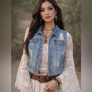 Denim distressed Jean Jacket Vest XS Boho Indie Sleaze Cowgirl XS Coachella